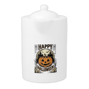 Halloween Pumpkin Graveyard Vintage Spooky Tee Art Teapot