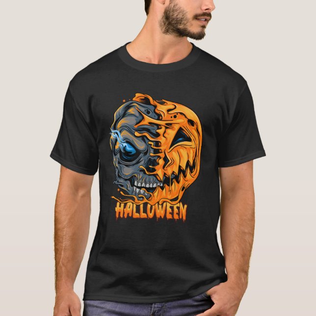 Halloween pumpkin half skull looks spooky and cool T-Shirt (Front)