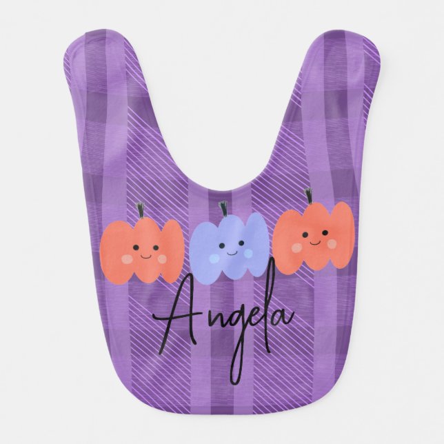 Halloween Pumpkin Hand Drawn Fun Plaid Baby Bib (Front)