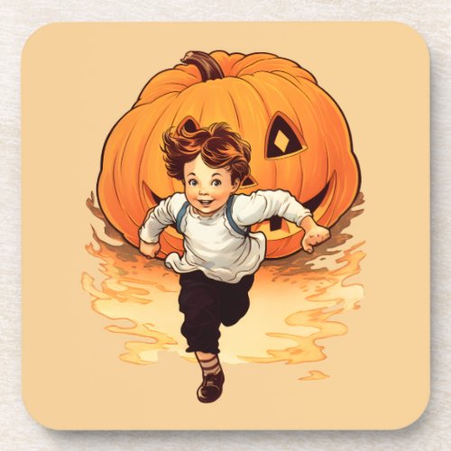 Halloween Pumpkin Happy Young Boy Beverage Coaster