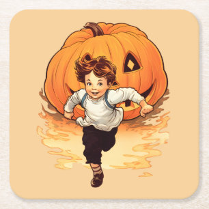 Halloween Pumpkin, Happy Young Boy Square Paper Coaster