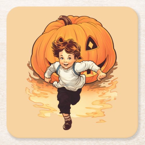 Halloween Pumpkin Happy Young Boy Square Paper Coaster