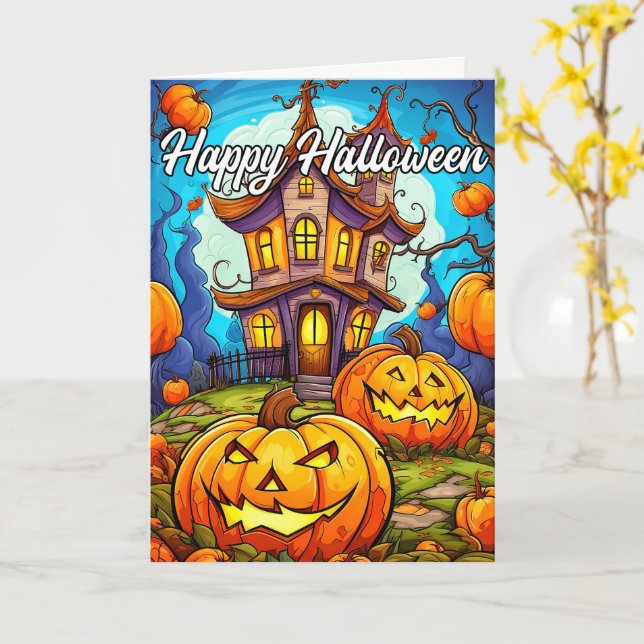 Halloween Pumpkin & Haunted House Card (Yellow Flower)