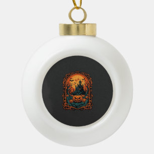 Halloween Pumpkin Haunted House Full Moon Bats Ceramic Ball Christmas Ornament