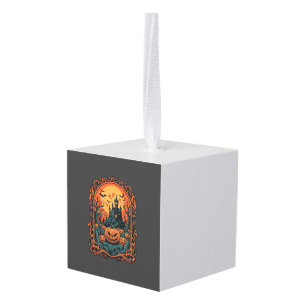 Halloween Pumpkin Haunted House Full Moon Bats Cube Ornament