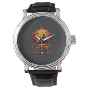 Halloween Pumpkin Haunted House Full Moon Bats Watch