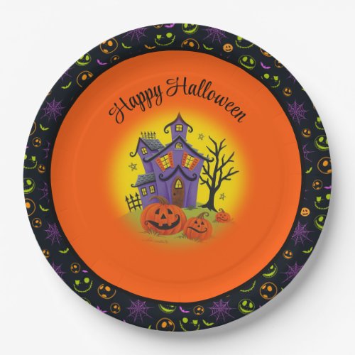 Halloween Pumpkin Haunted House Fun Custom Text Paper Plates