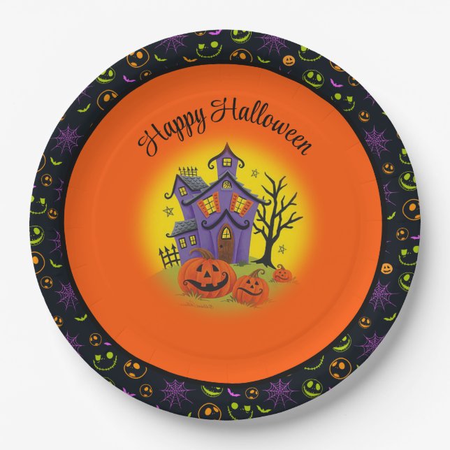 Halloween Pumpkin Haunted House Fun Custom Text Paper Plates (Front)