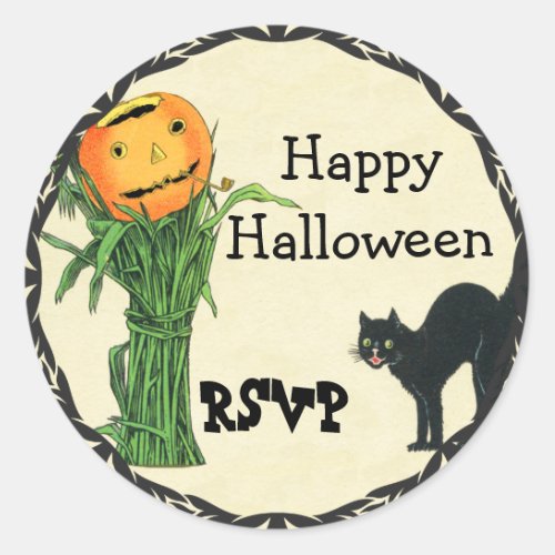 HALLOWEEN PUMPKIN HEAD Cornstalk and Black Cat Classic Round Sticker