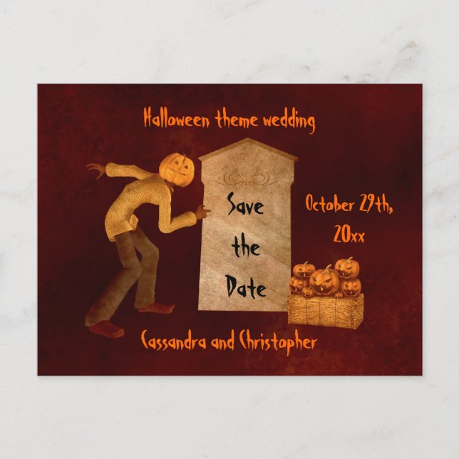 Halloween pumpkin head scarecrow announcement postcard (Front)