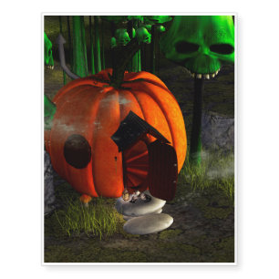 Halloween, pumpkin house with mushrooms as skulls temporary tattoos