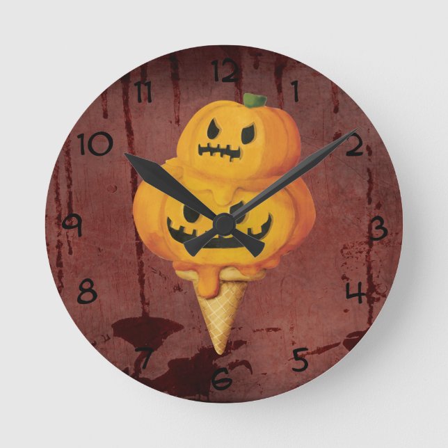 Halloween Pumpkin Ice Cream Cone Round Clock (Front)
