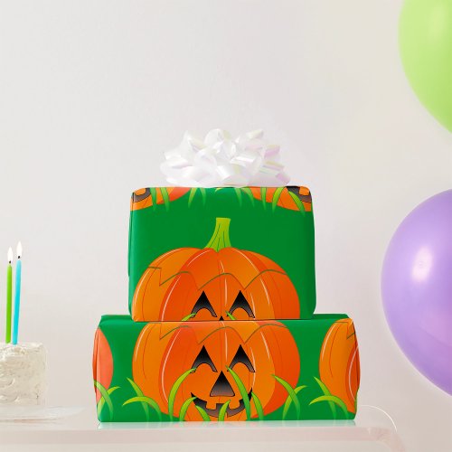 Halloween Pumpkin In Grass Wrapping Paper