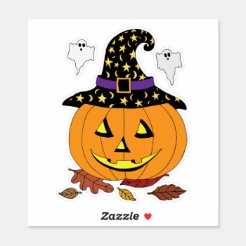 Halloween Pumpkin In Witch Hat Sticker by Eclectic_Ramblings at Zazzle