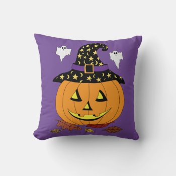 Halloween Pumpkin In Witch Hat Throw Pillow by Eclectic_Ramblings at Zazzle