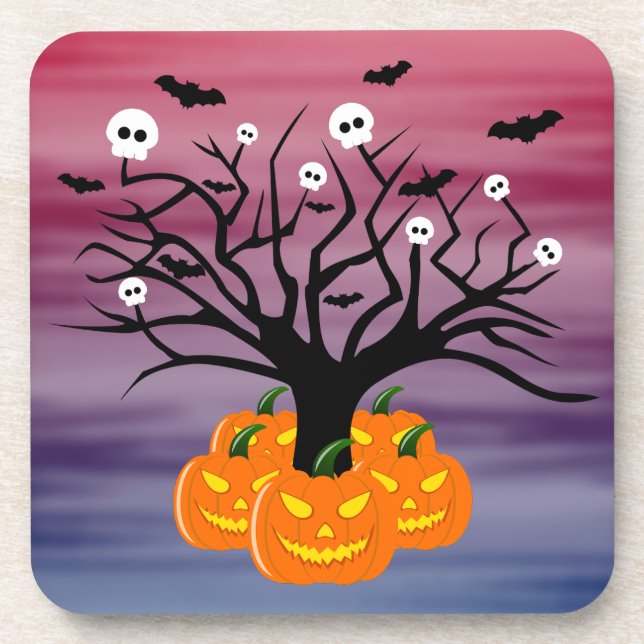 Halloween Pumpkin Jack o’ Lantern Dead Tree Beverage Coaster (Front)