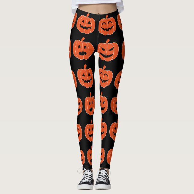 Halloween Pumpkin Jack-O-Lantern Spooky Black Leggings (Front)