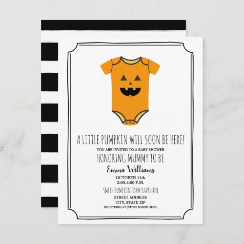 Halloween Pumpkin Jack O Lantern Suit Baby Shower Invitation