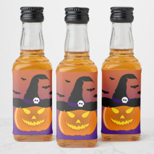 Halloween Pumpkin Jack o’ Lantern Witch Hat Liquor Bottle Label