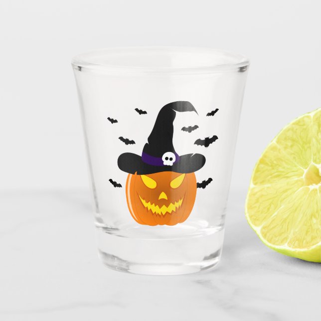 Halloween Pumpkin Jack o’ Lantern Witch Hat Shot Glass (Front)