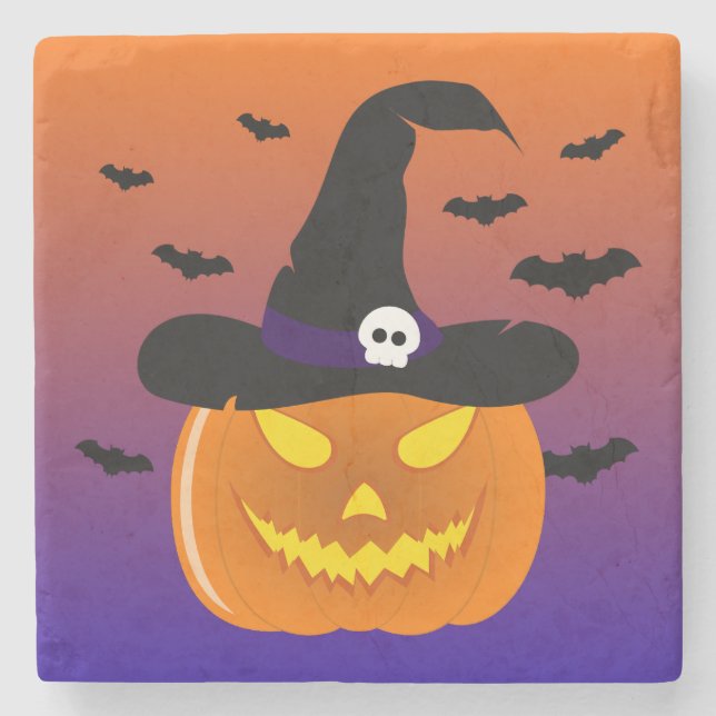 Halloween Pumpkin Jack o’ Lantern Witch Hat Stone Coaster (Front)