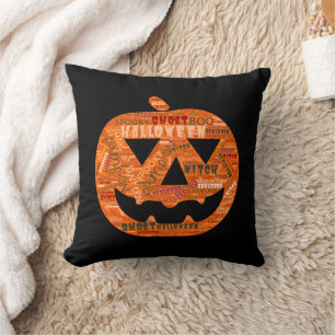 Halloween Pumpkin Jack-o'-Lantern Word Cloud Black Throw Pillow