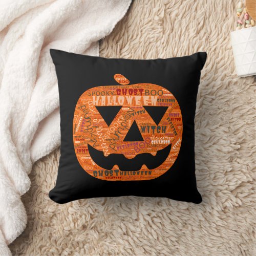 Halloween Pumpkin Jack_o_Lantern Word Cloud Black Throw Pillow