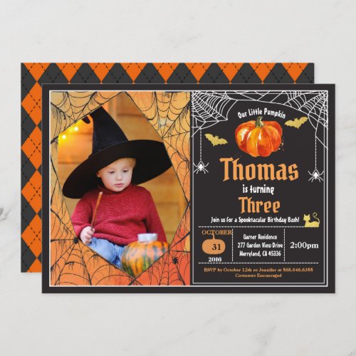 Halloween pumpkin kid birthday party photo invitation