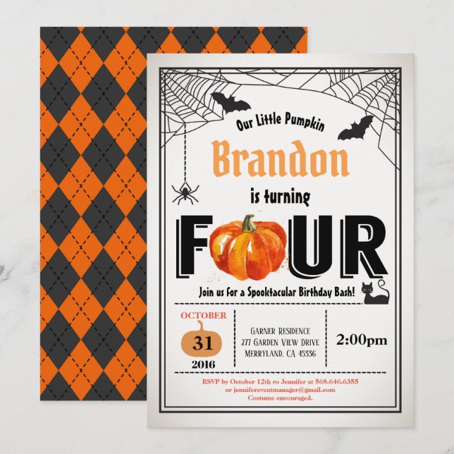 Halloween pumpkin kids 4th birthday party invitation (Front/Back)