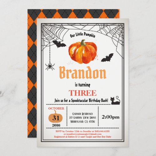 Halloween pumpkin kids birthday boy or girl invitation