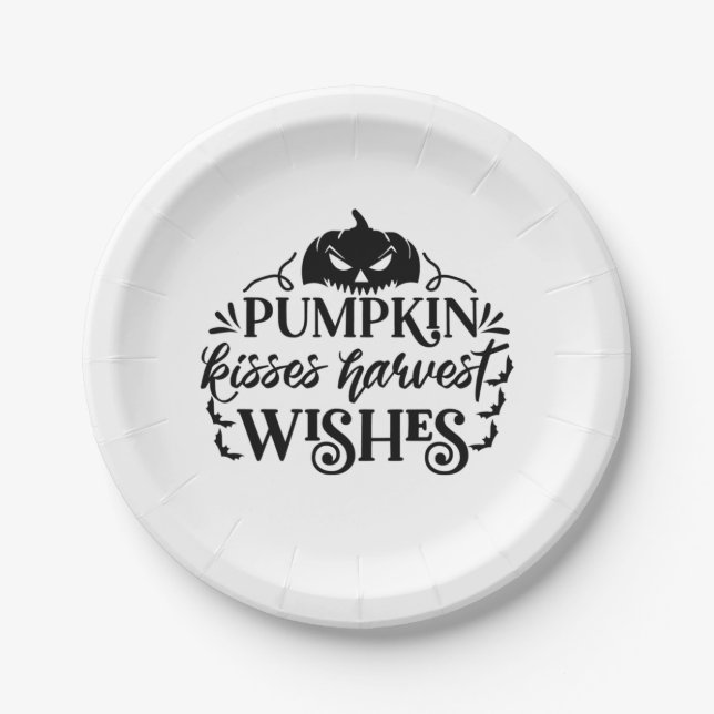 Halloween Pumpkin Kisses Harvest Wishes Birthday Paper Plates (Front)