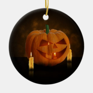 Halloween Pumpkin Lantern with Candles Ceramic Ornament