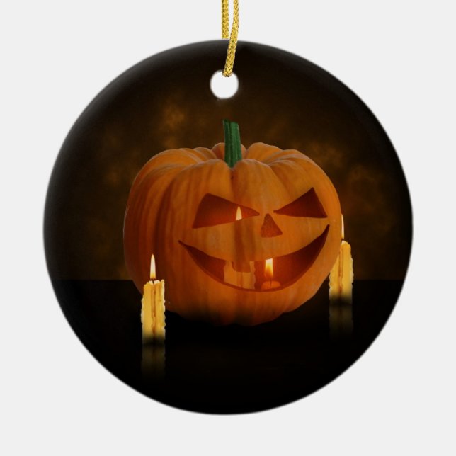Halloween Pumpkin Lantern with Candles Ceramic Ornament (Front)