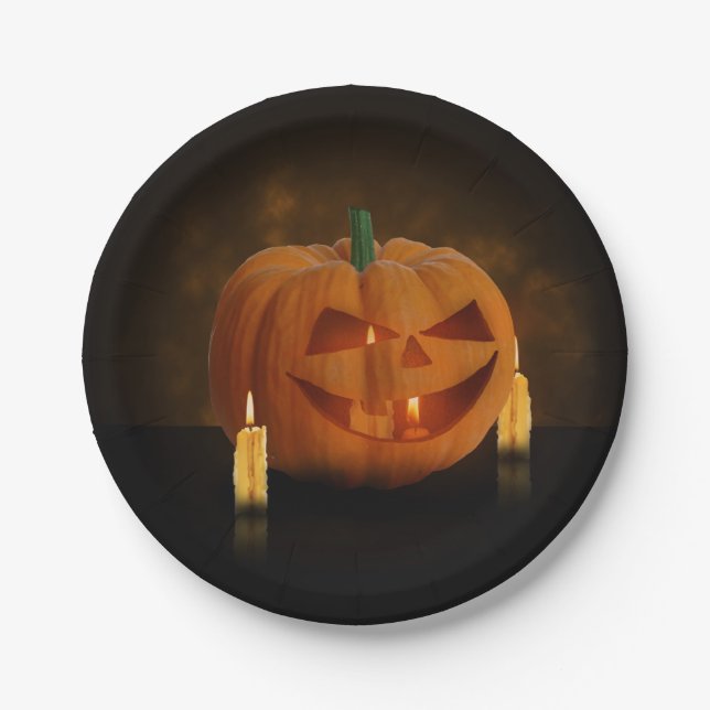 Halloween Pumpkin Lantern with Candles Paper Plates (Front)