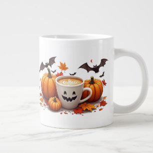 Halloween Pumpkin Latte With Bats And Autumn Leave Giant Coffee Mug