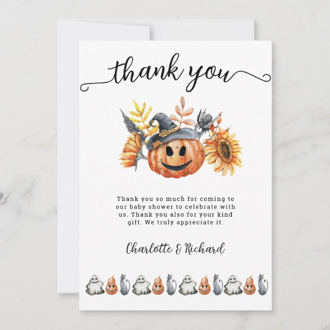 Halloween Pumpkin Little Boo Baby Thank You Card (Front)