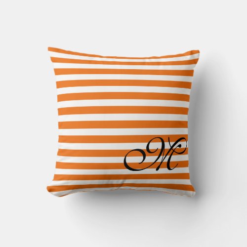 Halloween Pumpkin Monogram Orange  White Stripes Throw Pillow