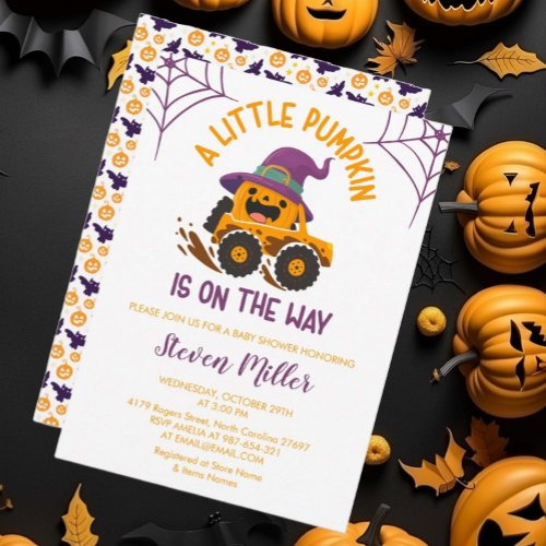  Halloween Pumpkin Monster Truck Baby Shower Invitation