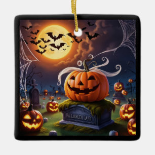 Halloween Pumpkin on a Headstone Ceramic Ornament