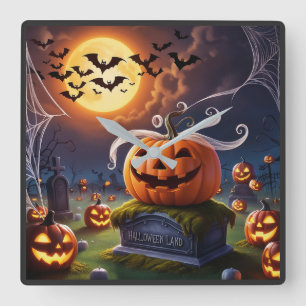 Halloween Pumpkin on a Headstone Square Wall Clock