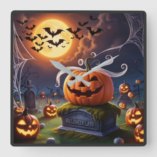 Halloween Pumpkin on a Headstone Square Wall Clock