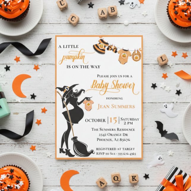 Halloween Pumpkin on the Way Witch Baby Shower Invitation (Creator Uploaded)