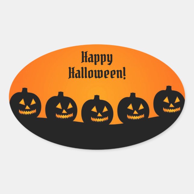Halloween Pumpkin Orange Black Spooky Silhouette Oval Sticker (Front)