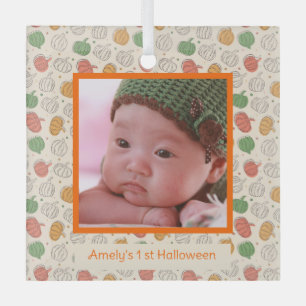 Halloween pumpkin pattern orange photo name glass ornament
