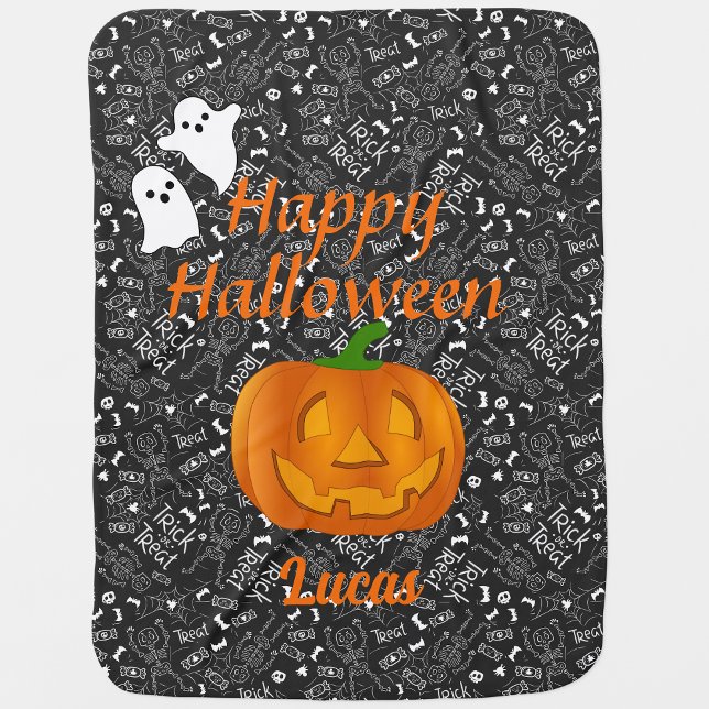 Halloween Pumpkin Personalize Name Trick or Treat Baby Blanket (Creator Uploaded)