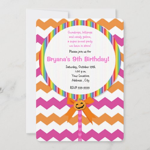 Halloween Pumpkin Pink Chevron Lollipop Invitation