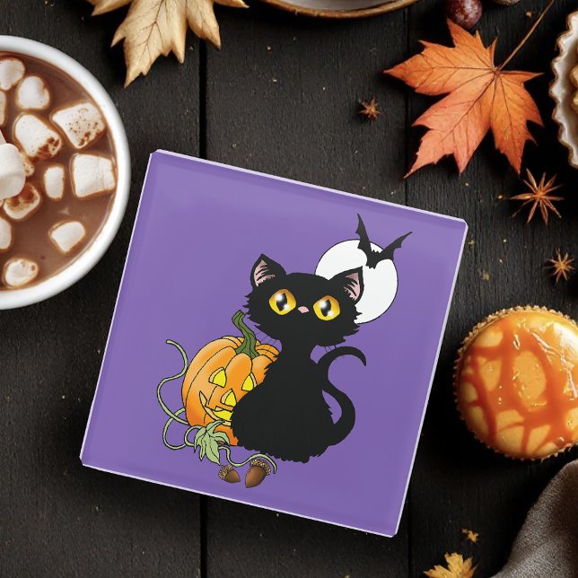 Halloween Pumpkin Purple Black Cat Glass Coaster (Creator Uploaded)