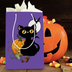 Halloween Pumpkin Purple Black Cat Medium Gift Bag