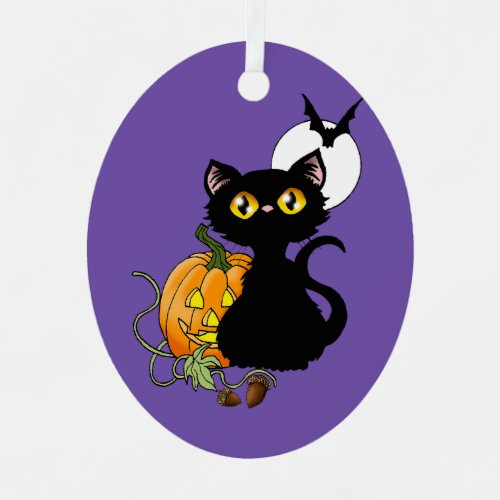 Halloween Pumpkin Purple Black Cat Metal Ornament