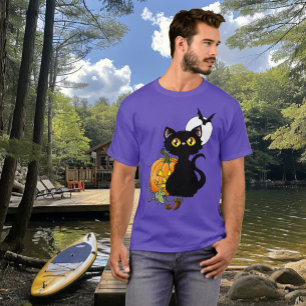 Halloween Pumpkin Purple Black Cat T-Shirt